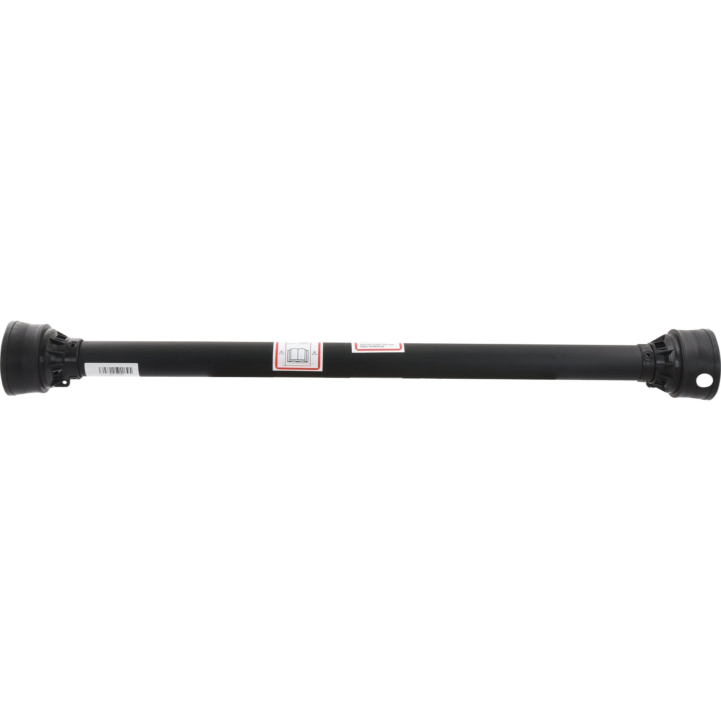 This black, cylindrical drive shaft with barcode label and two connectors on each end is designed for automotive applications. It includes a Small PTO Guard (Lz Length: 905mm) by Sparex, Part No. S.10788, for enhanced safety.