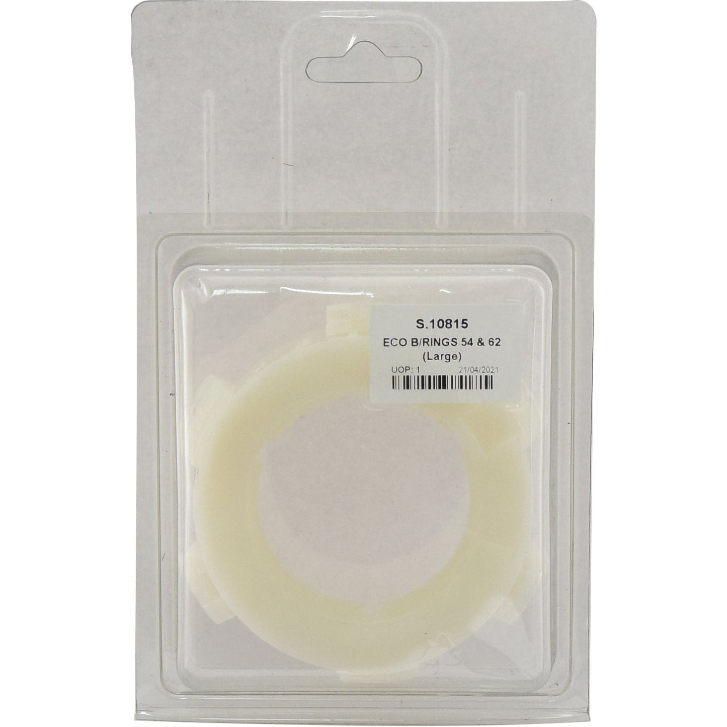 A white plastic ring labeled "ECO B/RINGS 54 & 62 (Large)" inside a clear plastic package with a hang tab, ideal for Agripak users. This product is identified by Sparex Part No. S.10815 and is made by the brand Sparex.