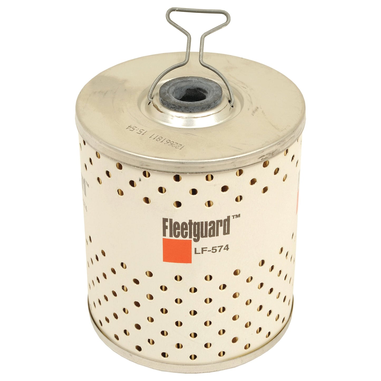 The Sparex Oil Filter Element LF574 (Sparex Part No. S.109485) is a cylindrical filter designed for Massey Ferguson tractors, featuring a metal top and bottom, multiple small holes across its surface, and a wire handle on the top.