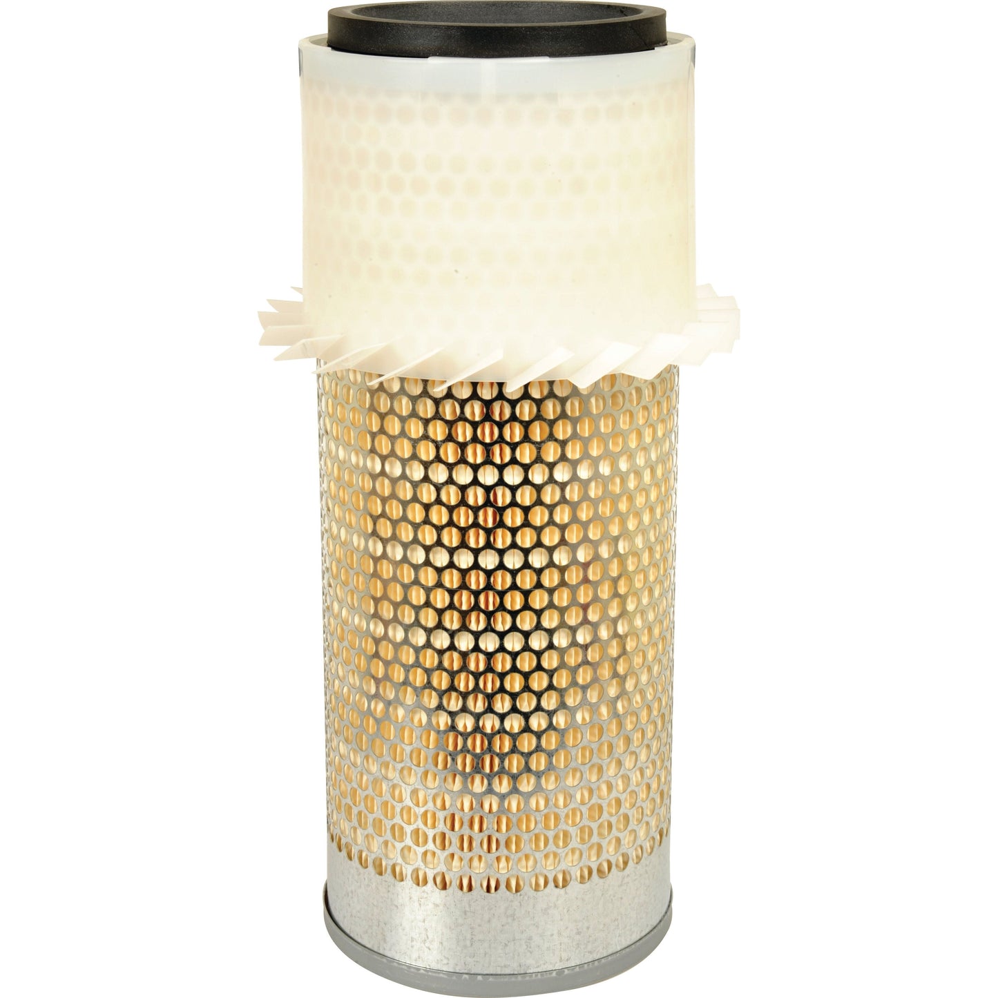 The Sparex AF1733K Outer Air Filter, featuring a perforated metal outer casing and a white plastic upper section, is particularly suitable for Massey Ferguson machinery.