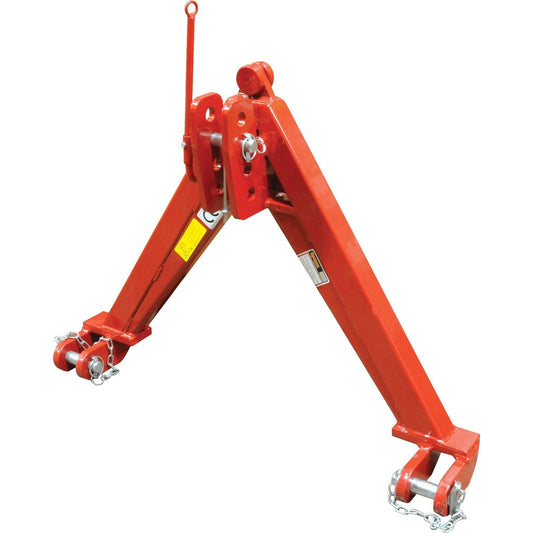 Introducing the Sparex A Frame Quick Hitch System (Cat.1) CE Approved - S.110168: a heavy-duty, red steel lifting mechanism featuring two extended arms, base chains, a central joint with a handle, and an impressive load capacity of 1200Kg. This system is CE approved for safety and reliability.
