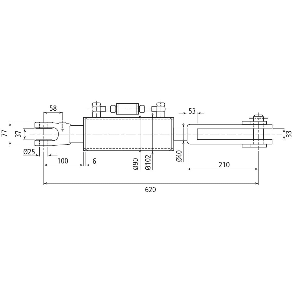 A technical drawing of the Sparex Hydraulic Levelling Box with precise measurements labeled, including dimensions for length, width, and diameter of various parts. The minimum length is 620 mm, and the cylinder bore is 90 mm. The diagram also details the Sparex Check Valve and end fittings to ensure accurate assembly. The Fork Hole dimensions are Ø 26mm and Ø 26x61mm.