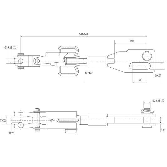 Technical drawing of a Hydraulic Levelling Box, showing detailed dimensions and specifications, including various measurements in millimeters and the 70mm Cylinder Bore.
Product Data:
- Product Name: Hydraulic Levelling Box (Supplied with: Hoses)
- Fork Hole Ø 19mm
- Fork Hole Ø 28 & 29x90mm
- Min. Length: 545mm
- Cylinder Bore: 70mm
- Sparex Part No.: S.113936
Brand Name: Sparex