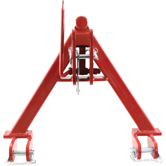 The Sparex A Frame Quick Hitch System (Cat.0) CE Approved - S.140555 is a red triangular three-point tractor hitch with hooks and chains, designed for attaching implements to a tractor and ensuring reliable use.