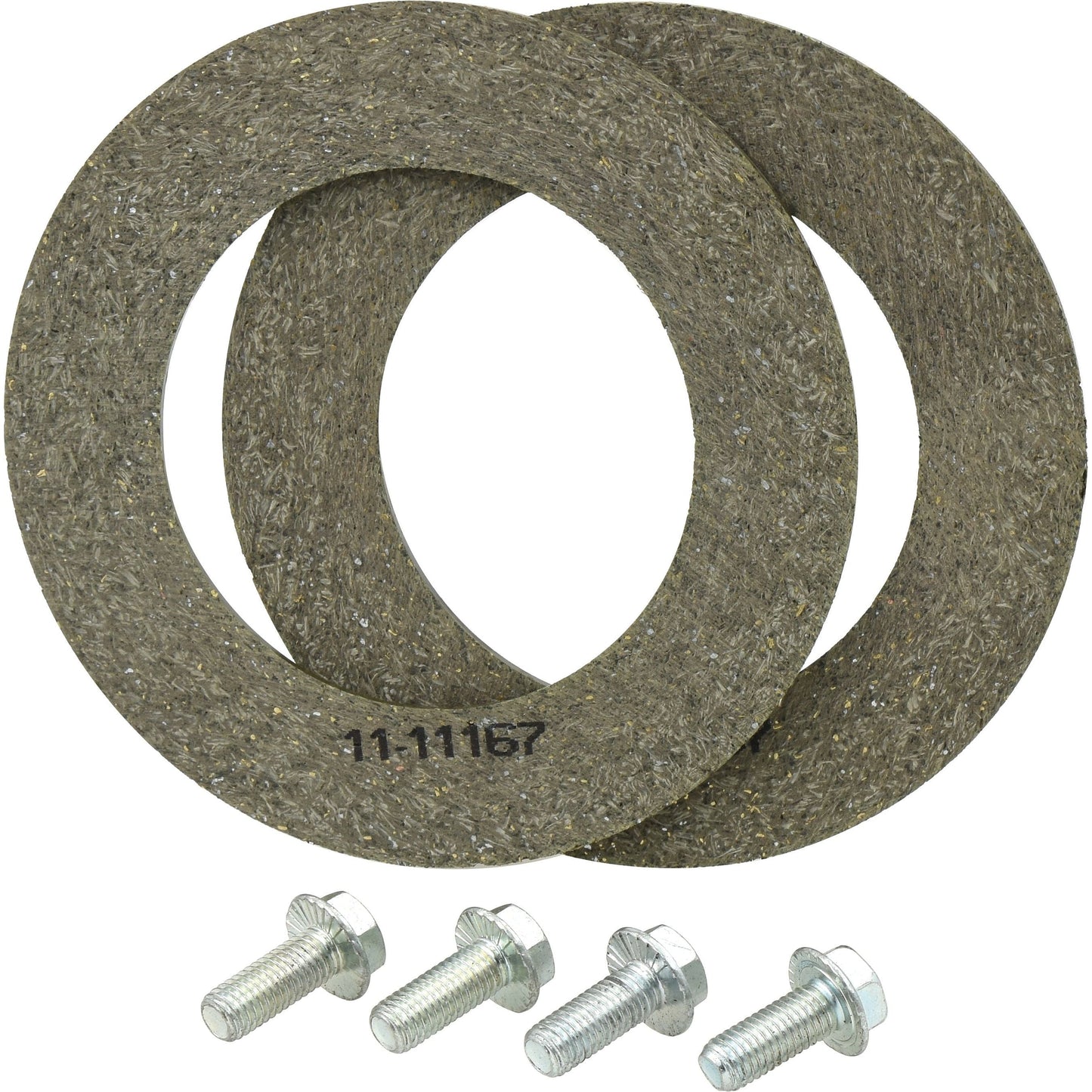 The TorQmaster Friction Clutch Repair Kit from Sparex (Sparex Part No.S.144364) features two round friction discs with textured surfaces and four short bolts with hexagonal heads on a white background.