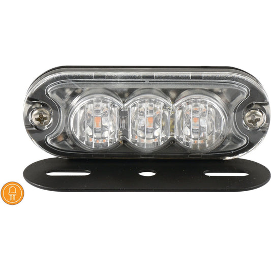 A close-up of the Sparex LED Slimline Hazard Light, featuring three bulbs and an IP65 rating, housed in a clear lens and mounted on a black metal bracket. This small, rectangular light offers both single flash and double flash functions and operates on 12-24V. Class 3 interference ensured for optimal performance. Model: S.152727.