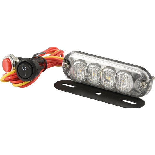 The LED Slimline Hazard Light by Sparex, suitable for 12-24V systems and rated Class 3 for interference, features a clear LED assembly with four bulbs, a black mounting bracket, wires connected to a red push button, and an on-off switch. It is IP65-rated for exceptional durability and offers both single and double flash functions.