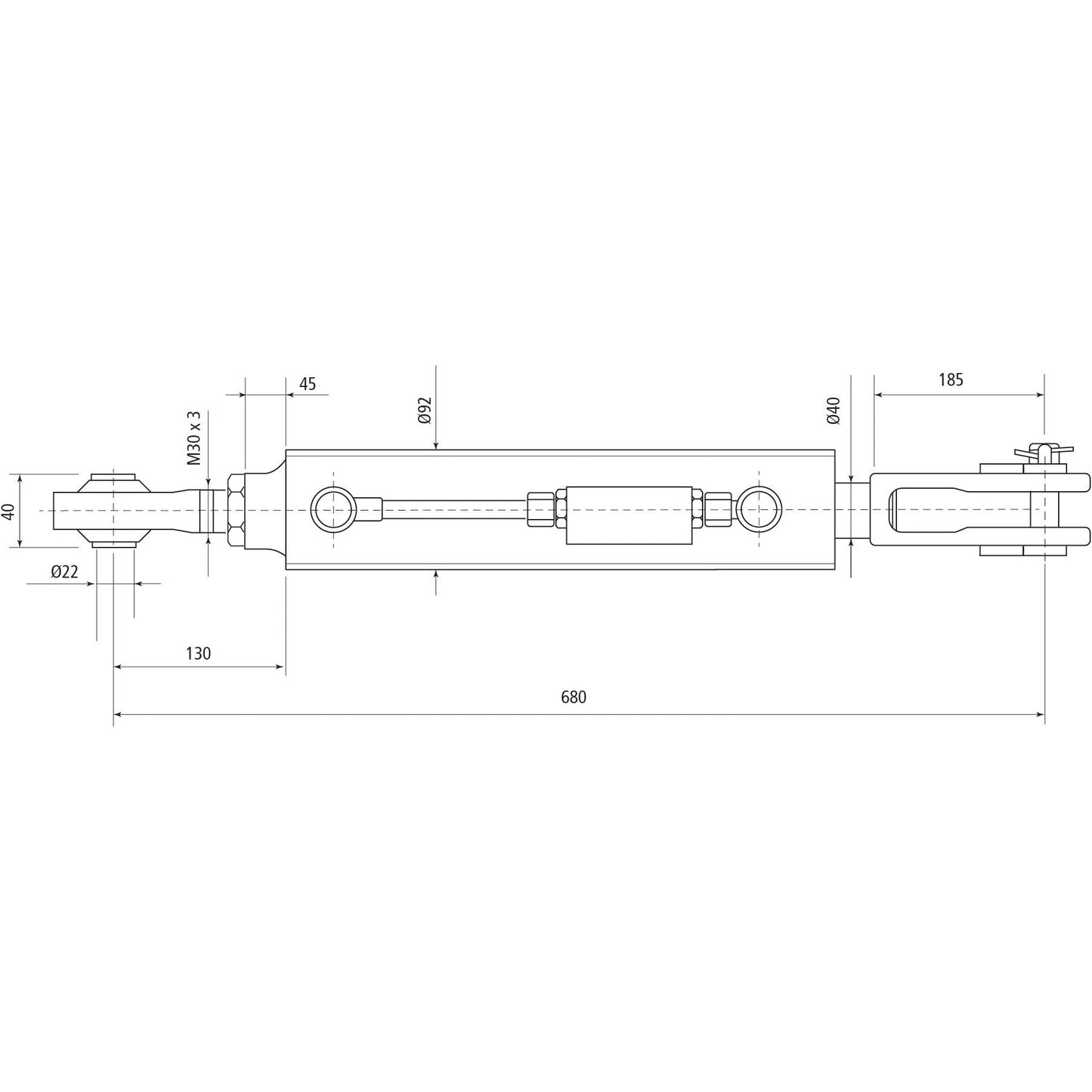 Technical drawing of a Sparex Hydraulic Levelling Box, including labeled dimensions such as the ball diameter of 22mm, fork hole dimensions of 23x50mm, and a minimum length of 680mm. The diagram ensures Kubota compatibility by featuring a cylinder bore of 80mm for precise specifications. The product is supplied with hoses for comprehensive application needs.