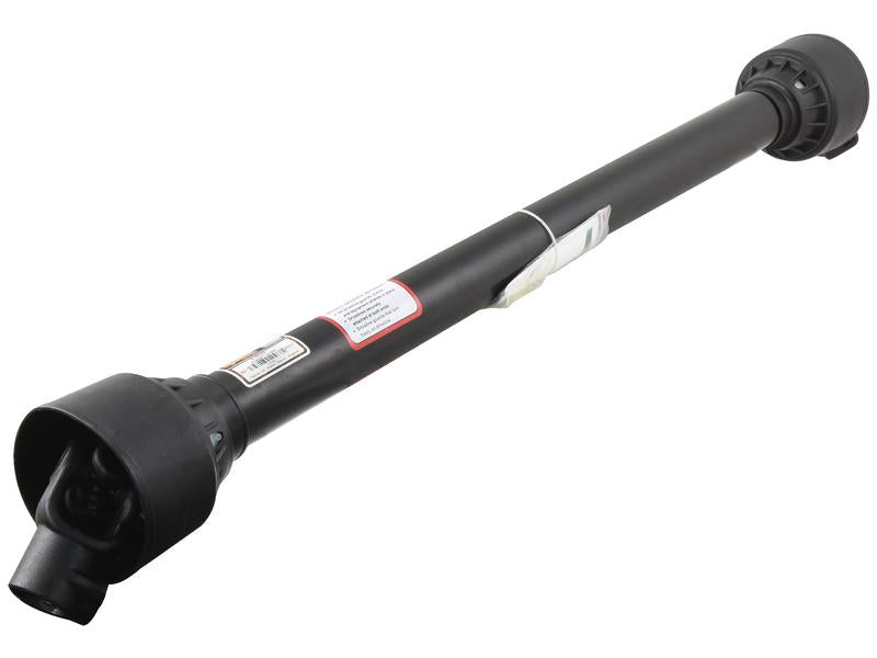 The Sparex PTO Shaft (Part Number: S.164313) is a 710mm long black mechanical drive shaft with connectors at both ends, designed for transmitting torque. It features universal joint dimensions and serves as an excellent alternative to Part Number 164132, compatible with the PTO Series AB2/A2. The shaft includes a 1 3/8'' x 6 Spline Q.R. to 1 3/8'' x 6 Spline Q.R connection.