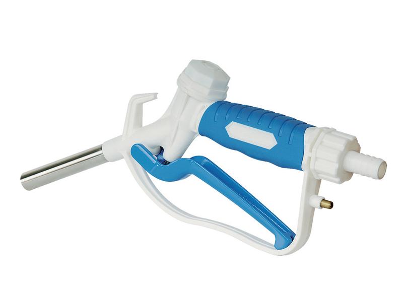 The FuelWorks - AdBlue Plastic Nozzle by Sparex (Part Number: S.164438) is a blue and white plastic handheld tool with a long metallic nozzle and a trigger handle, ideal for dispensing UREA/DEF.