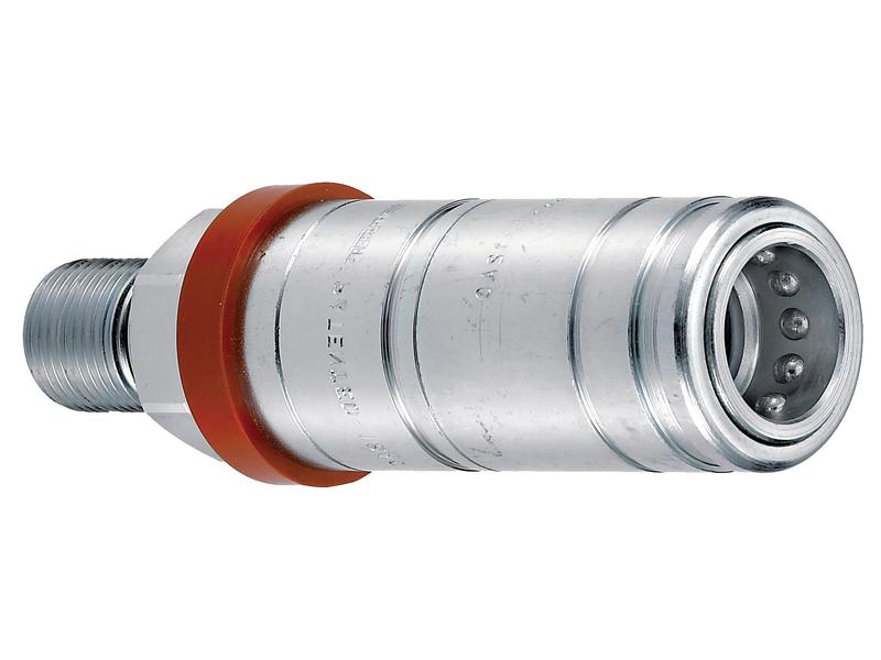 A Sparex Faster Quick Release Hydraulic Coupling with a 1/2'' female body and a 3/8'' BSP male bulkhead, designed for carbon steel hydraulic systems and featuring a rubber seal, can withstand a maximum working pressure of 250 bar.