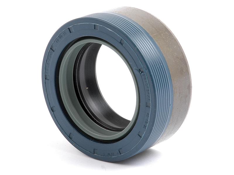 Close-up of the Sparex Metric Rotary Shaft Seal, 45 x 65 x 25mm, featuring a blue, grooved outer ring and visible inner thread. This seal (Sparex Part Number: S.167671) incorporates a Triple Lip design for enhanced sealing and leak prevention in machinery.