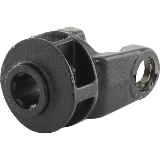 Close-up of the Sparex PTO Yoke - Quick Release (U/J Size: 34.9 x 93.5mm), a black mechanical part with a cylindrical shape, featuring a hole on one side and a notched opening on the opposite endāideal for those familiar with Bondioli & Pavesi components and SFT S8 specifications. For reference, this part is identified by Sparex Part No.S.24216 and fits a 1 3/8''-6 spline size.
