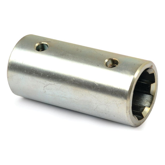 A cylindrical metal connector with two holes on its surface, used for joining components, often referred to as a PTO Splined Coupling - Female Spline 1 3/8'' - 6 with - S.27864 from Sparex.