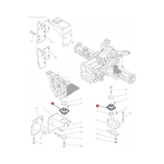 Exploded diagram of a Massey Ferguson - Cab Mounting (4285231M1) mechanical assembly by AGCO, featuring labeled parts and corresponding numbers for each component, including screws, brackets, and the central housing unit.