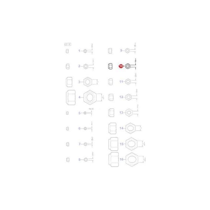 A technical drawing showcases various hexagonal nut and bolt configurations, each labeled with numbers and measurements, including an AGCO Massey Ferguson Nut 1/2 UNF Lock (353438X1) and other components, all arranged in a meticulous grid format.