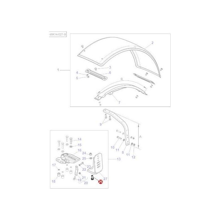 Exploded view diagram of AGCO Massey Ferguson 500 Series tractor parts, featuring a fender and related components. Parts are numbered and interconnected using bolts, screws, and brackets, including the Bolt Width Adjustment (F835700030050). A small inset diagram provides detailed assembly instructions.