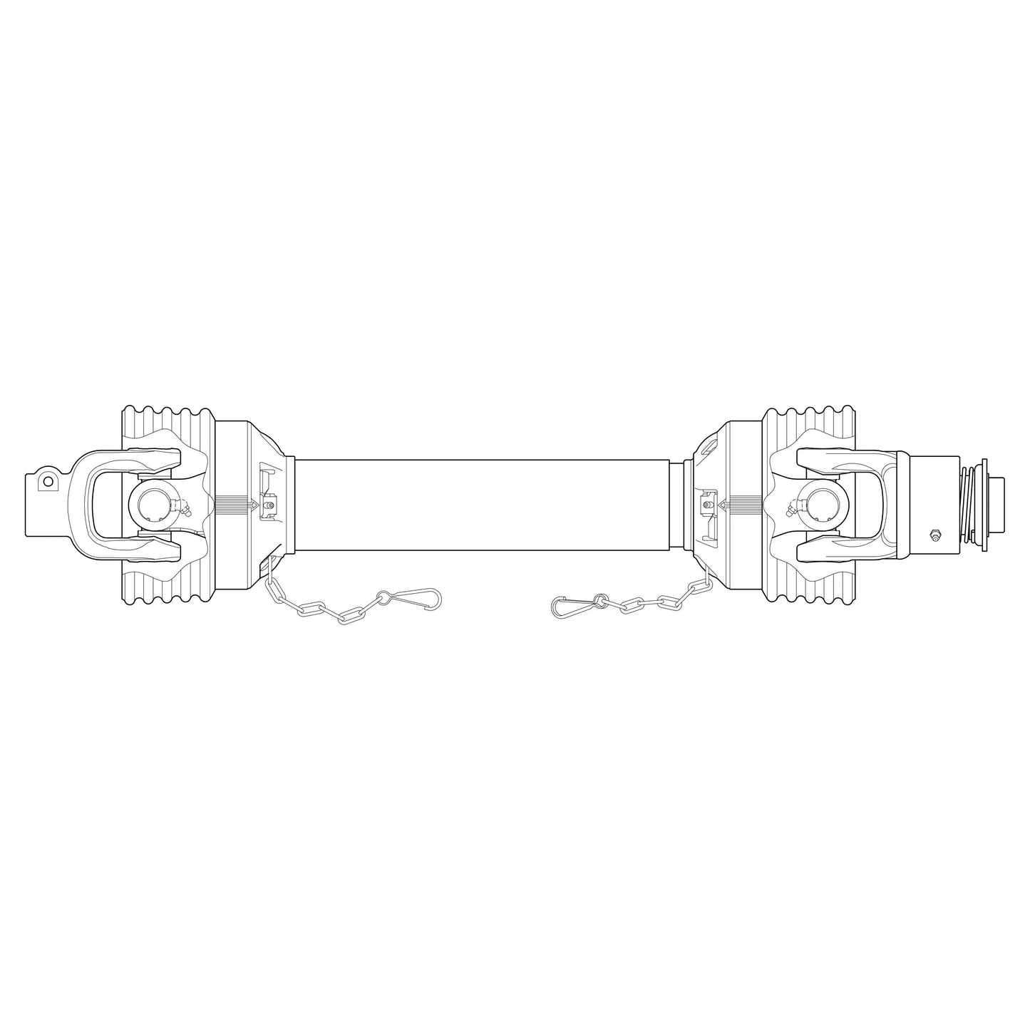 A technical, monochrome illustration depicts a top view of the Sparex Weasler PTO Shaft - S.39034, which measures 710mm in length. This shaft features connectors at both ends and chains attached to each connector. The design incorporates an overrunning clutch with an anti-clockwise function, enhancing the efficiency of the PTO series and boosting the horsepower rating.