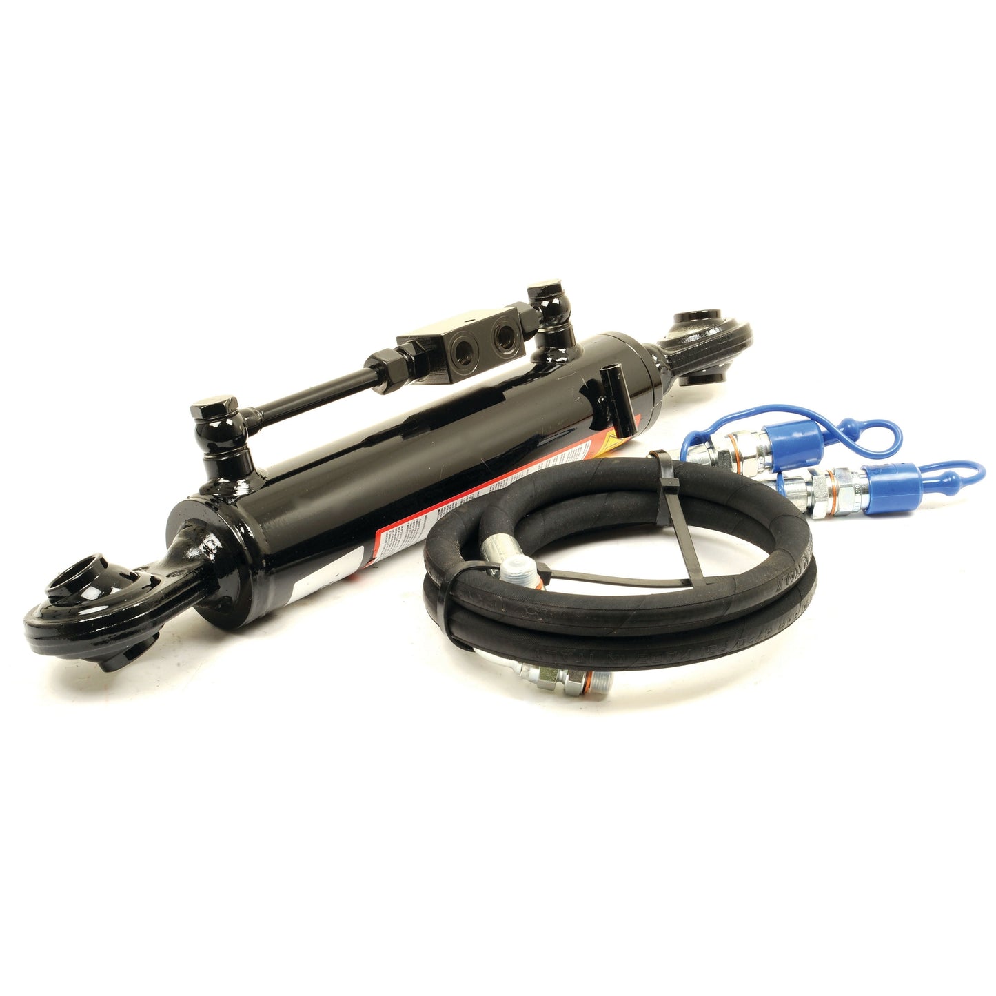 Image of a black Hydraulic Top Link (Cat.1/1) Ball and Ball, Cylinder Bore: 50mm, Min. Length: 470mm (Sparex Part No.S.399721), with attached hoses and blue protective caps, placed beside a coiled hydraulic hose set. The new Tractor Accessories from Sparex are set against a white background, showcasing quality and reliability.