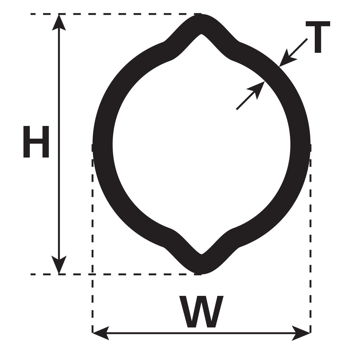 Technical diagram of the Rilsan® Coated PTO Tube - Lemon Profile (Length: 1M, S.50697) from Sparex, showing dimensions labeled H (height), W (width), and T (thickness). Dashed lines indicate the measurement boundaries for H and W, adhering to Weasler Dimensions standards.