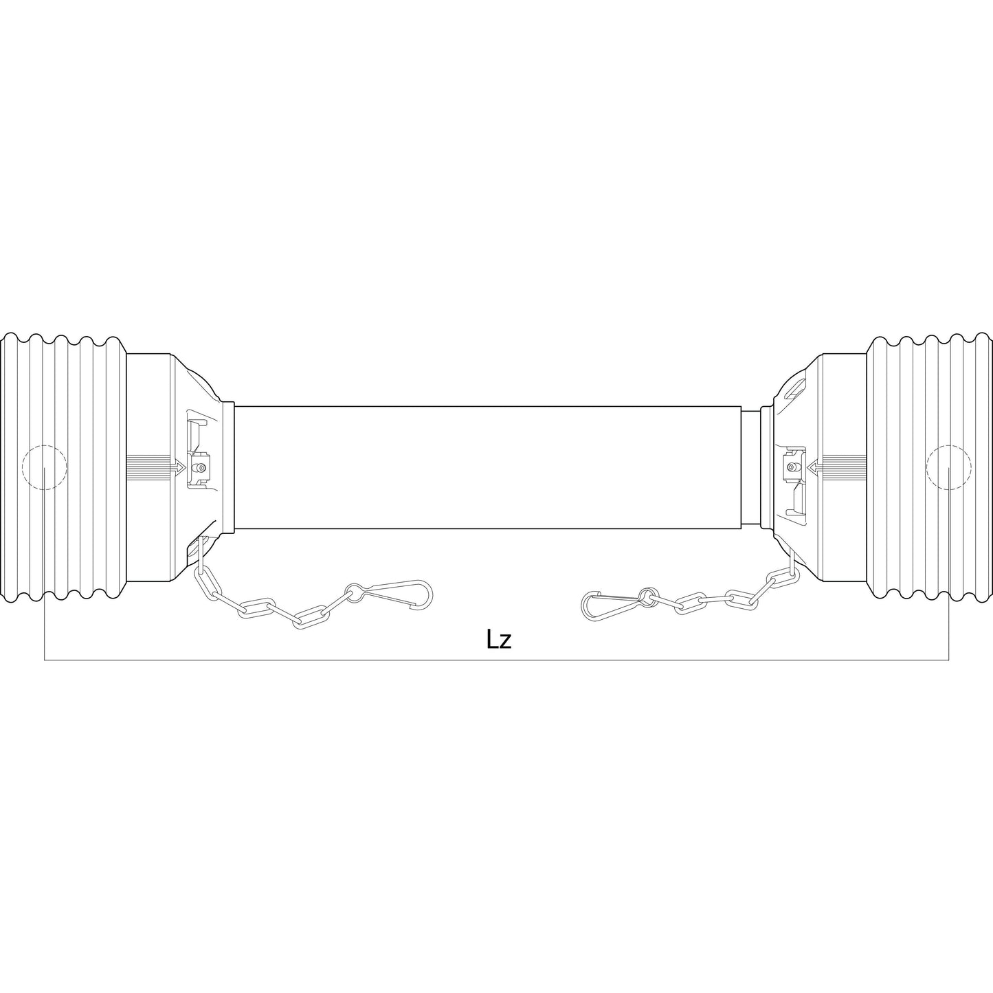 Technical drawing of the PTO Complete Guard Kit (Sparex Part No. S.59662) featuring two threaded rods connected by a central cylindrical component with an Lz dimension of 1310mm, size small. The assembly includes safety chains attached to hooks and can accommodate both German and Italian type shafts for enhanced versatility.