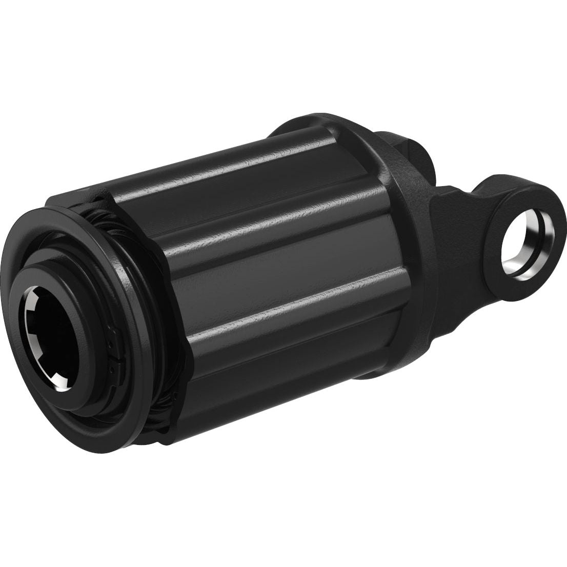 Close-up of a black bicycle freehub body showing its splines and attachment points, reminiscent of the precision found in Sparex PTO Ratchet Clutch - 1 Row (U/J Size: 22 x 54.8mm), Size: 1 3/8''-6 Spline - S.6006 components.