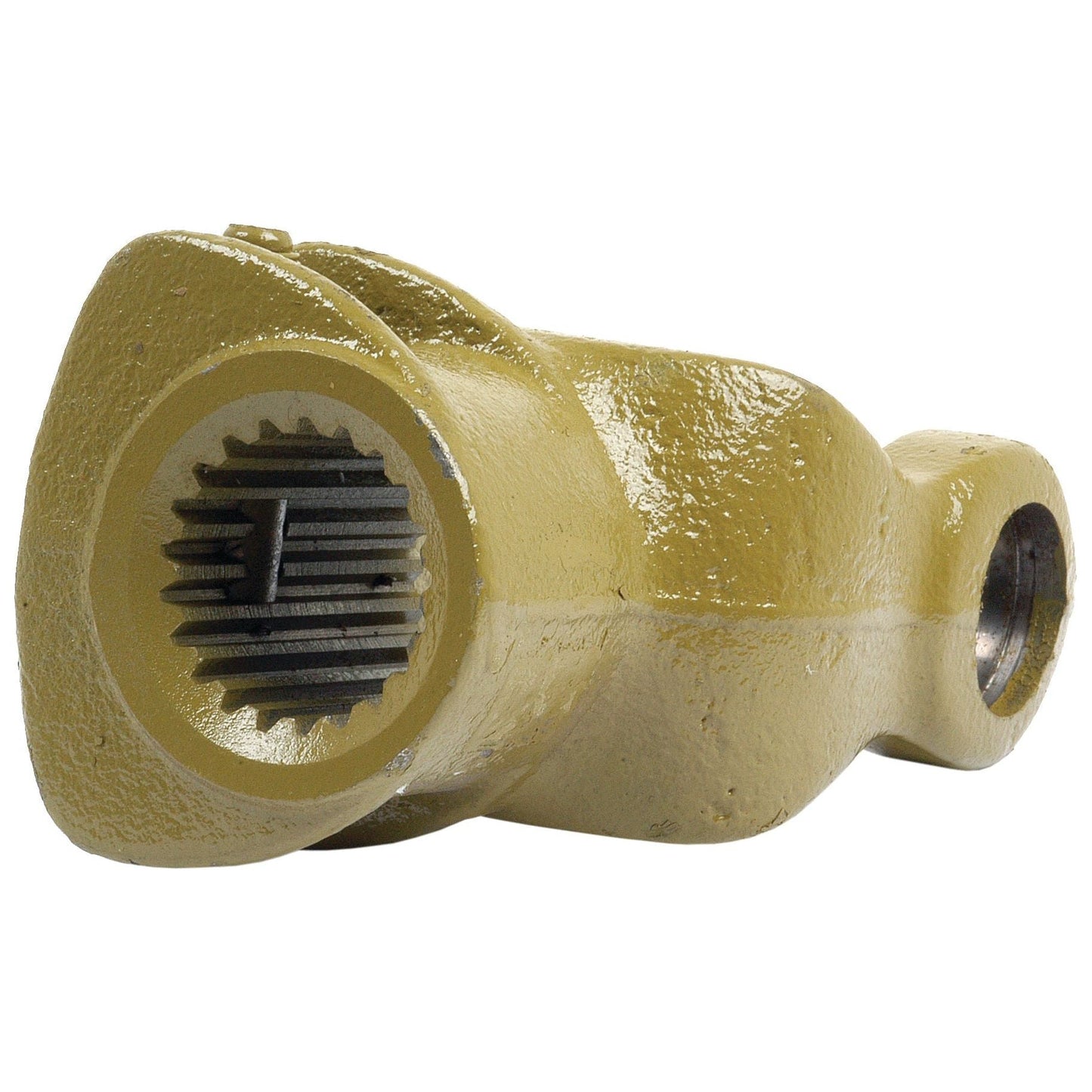 A close-up view of a Sparex PTO Yoke - Quick Release (U/J Size: 27 x 74.5mm) with a yellow finish, identified as Sparex Part No.S.6049. The part, which seems to be from the PTO Series, features a gear-like interior and a hollow cylindrical end.