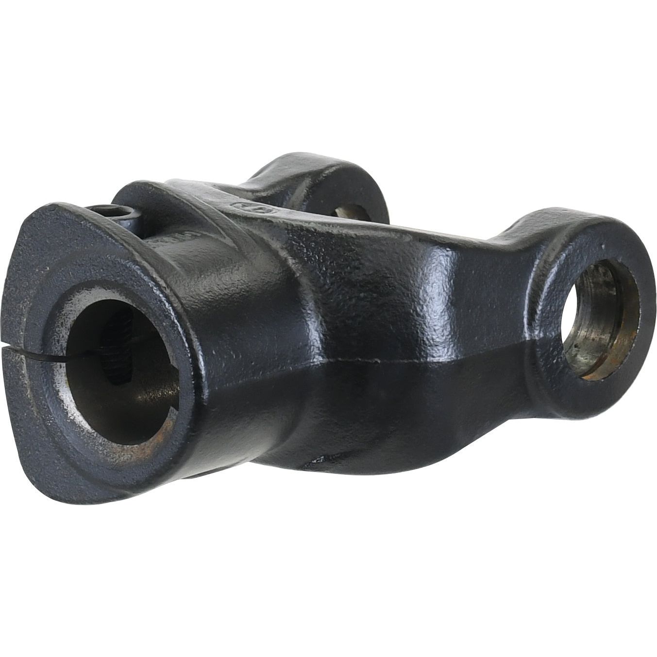 A black metal PTO Yoke - Interfering Clamp Bolt (U/J Size: 27 x 70mm) featuring two cylindrical openings and a curved structure, designed for use in mechanical or automotive applications. Part of the Sparex German Series, it ensures reliable performance and compatibility with standard universal joint dimensions. Product Number: S.6096, Bore Diameter: 30mm, Key Size: 8mm.