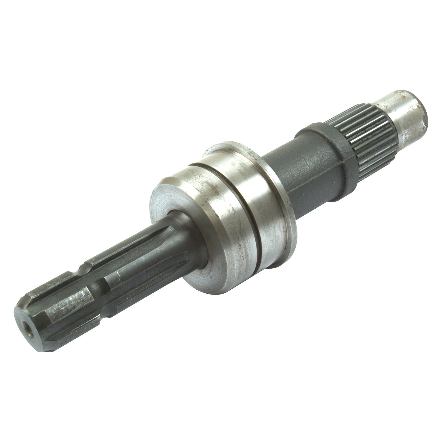 Close-up view of the PTO Shaft Display Stand - Stock not included - S.75352 by Sparex, showcasing its gear teeth, metal rings, and cylindrical body with intricate splines. The shaft seems to be a part of an industrial machine or automotive component.