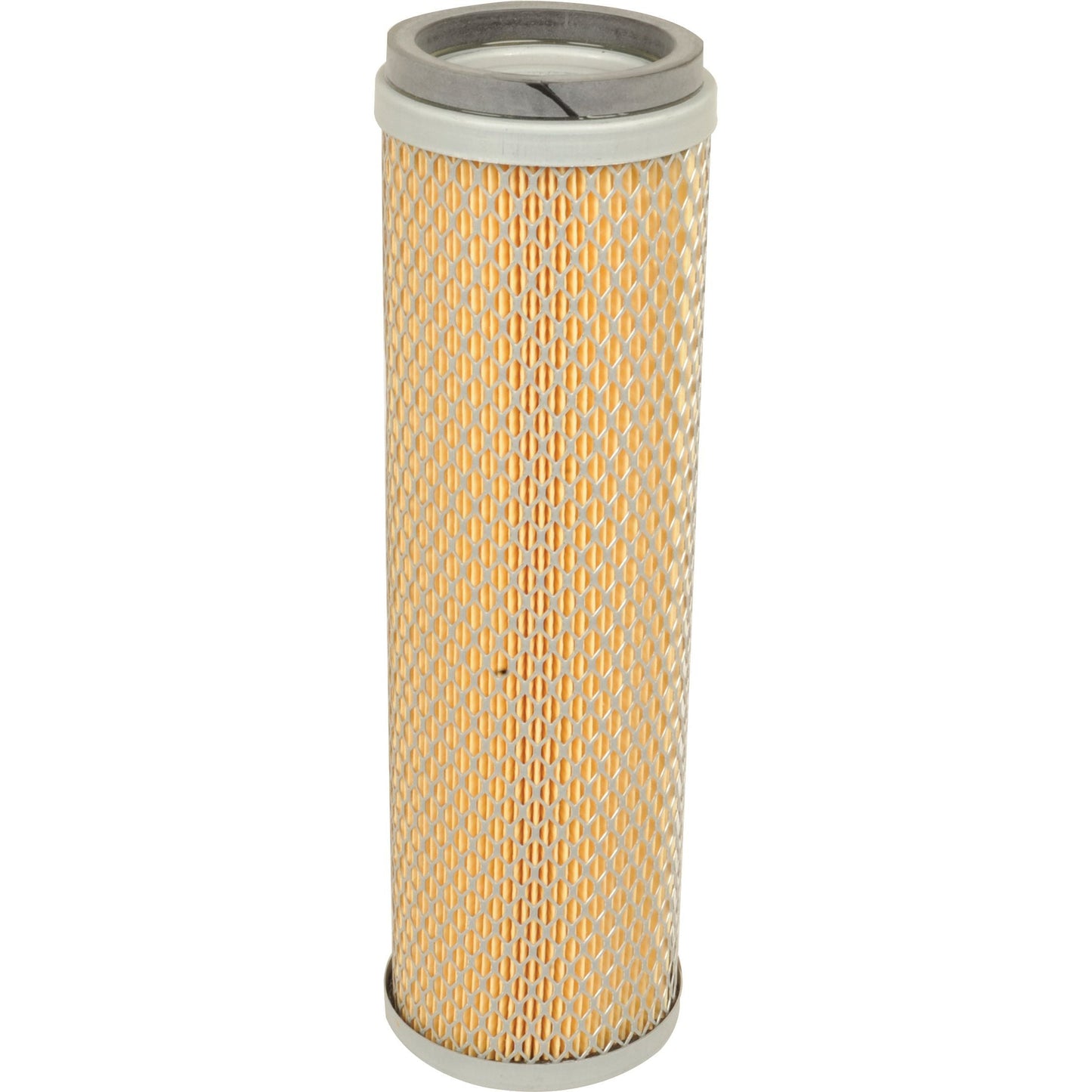 The Sparex Air Filter - Inner (AF1859 | Sparex Part No. S.76340) features a cylindrical design with a metal top and bottom, as well as a beige mesh-like outer layer, and is engineered to meet Massey Ferguson standards.