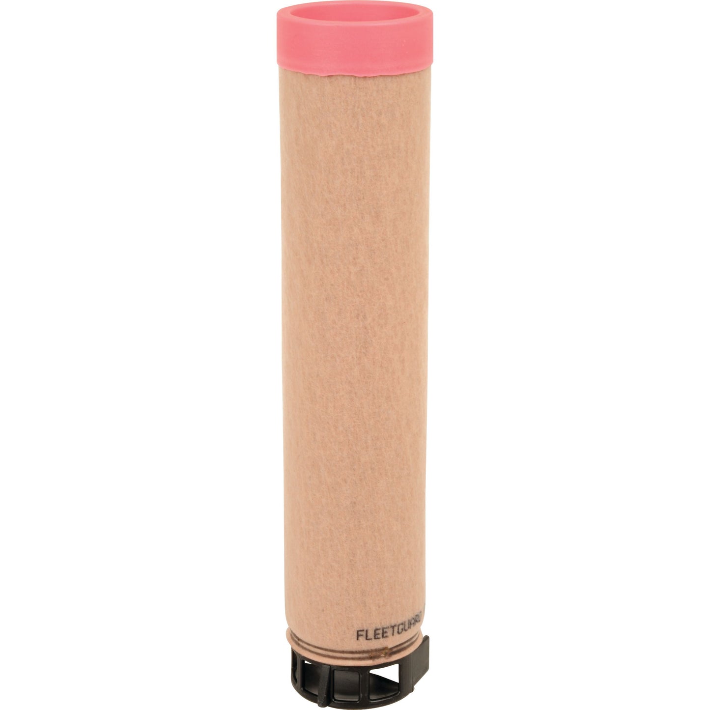 A cylindrical fuel filter with a pink cap and a brown paper-like covering, labeled "FLEETGUARD" at the bottom, complements the efficiency of the Sparex brand air filter—specifically the Air Filter - Inner - AF26390 (Sparex Part No. S.76658)—found in Massey Ferguson equipment.