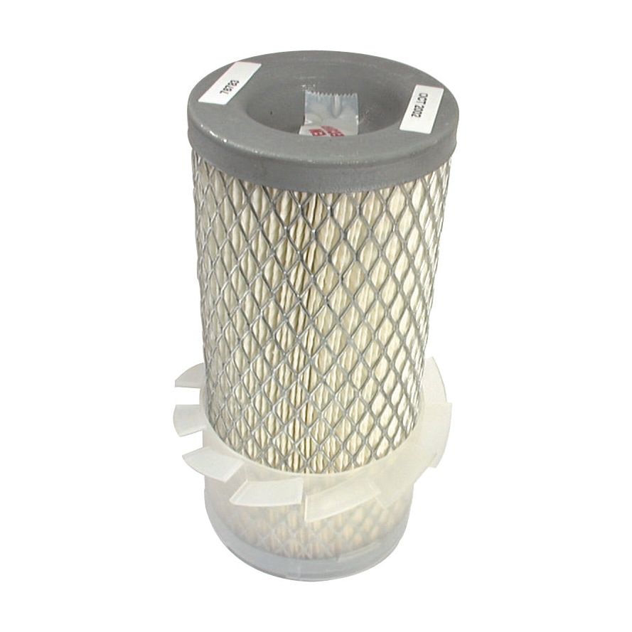 The Sparex Air Filter - Outer (AF1658K | Sparex Part No. S.76783) is designed with a cylindrical shape, metal mesh exterior, and gray end caps. It includes a plastic base with protruding tabs, making it ideally compatible for tractors.
