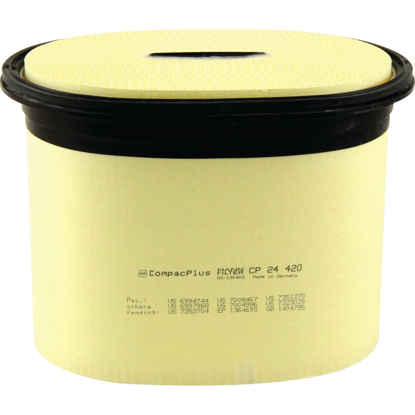 A yellow cylindrical container with a black lid featuring a small slit at the top, labeled "CompacPlus MANN CP 24 420." Various patent numbers are printed below the label. Ideal for use with Massey Ferguson machinery as an air filter or Sparex component.