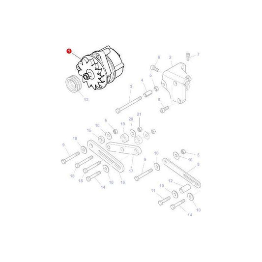 Exploded diagram of a mechanical assembly for the Massey Ferguson Alternator 80amp (Part No. 4287013M3) by AGCO, depicting various numbered components such as bolts, gears, and pulleys.