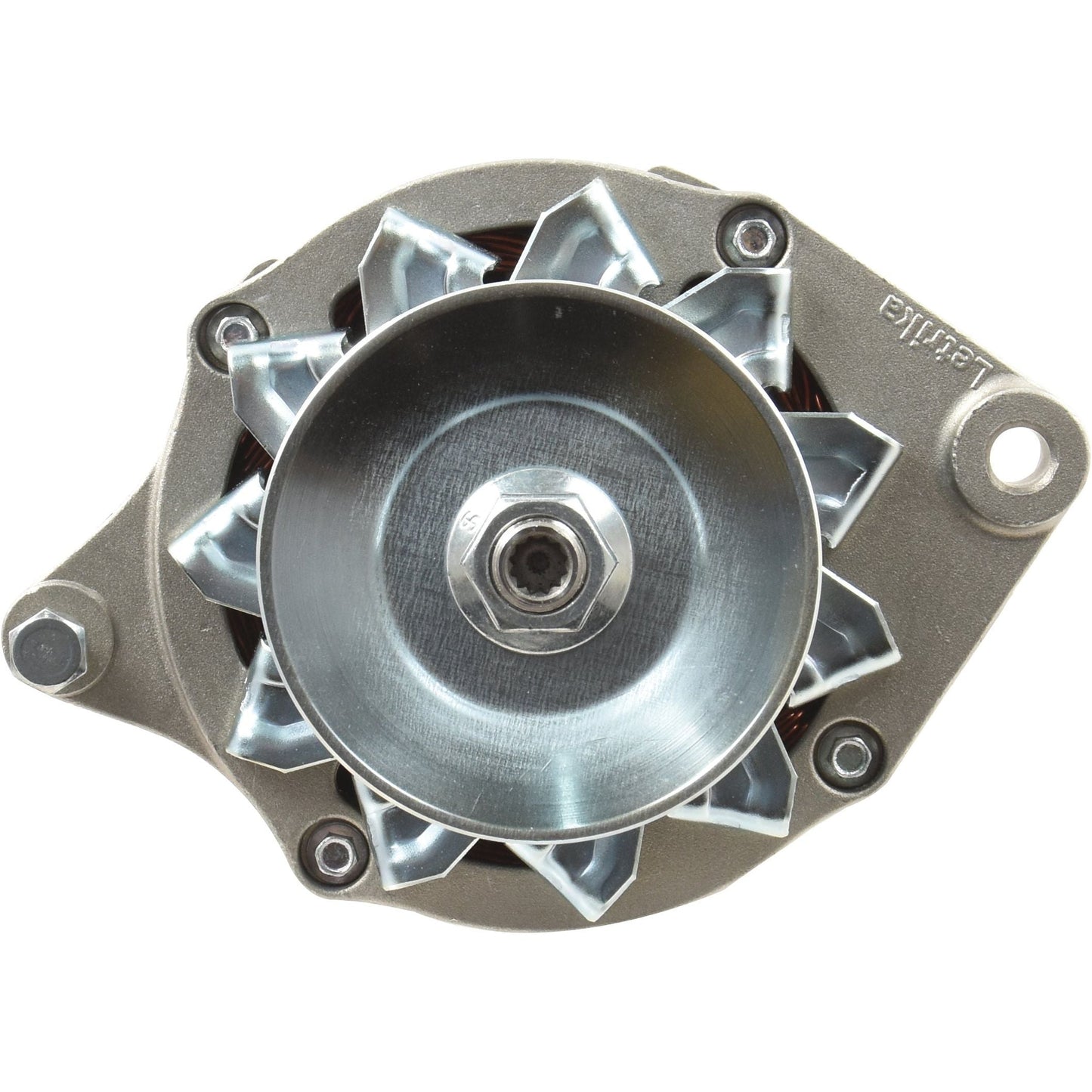 A silver automotive alternator viewed from the front, showing the central pulley and mounting brackets, featuring a Single Groove Pulley and being Massey Ferguson Suitable. Labeled as Alternator (Mahle) - 14V, 65 Amps | Sparex Part No.S.359380 by Sparex.