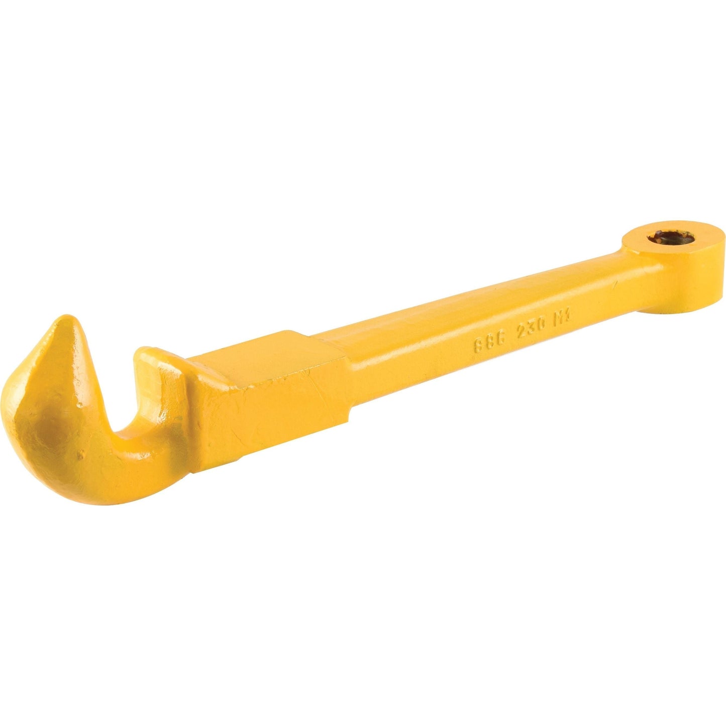 A yellow Auto Hitch Hook from Sparex, measuring 491mm in length with a 25mm hole diameter, is designed with a curved end for lifting or attachment and a hole at the opposite end for secure fastening. This heavy-duty product is ideal for Massey Ferguson machinery, ensuring durability and reliability.