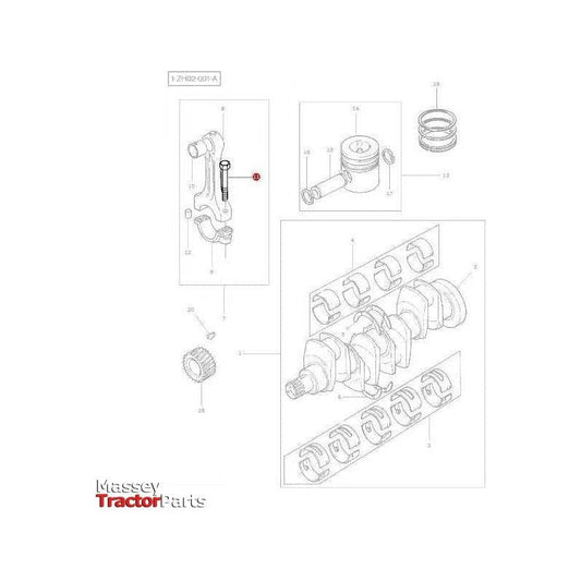 Diagram of various tractor engine parts, including a crankshaft, connecting rods, and other components labeled with part numbers. The Massey Ferguson logo is visible at the bottom left, showcasing the quality associated with their range of tractors and Telescopic Handlers. Among the parts, you can find the Massey Ferguson - Bolt Conrod - 4222132M1 from AGCO.