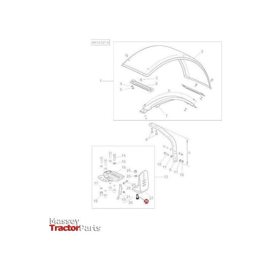 Diagram of Massey Ferguson - Bolt Width Adjustment - F835700030050, illustrating labeled components such as fenders and associated hardware, with part numbers indicating each specific item. Brand: AGCO.