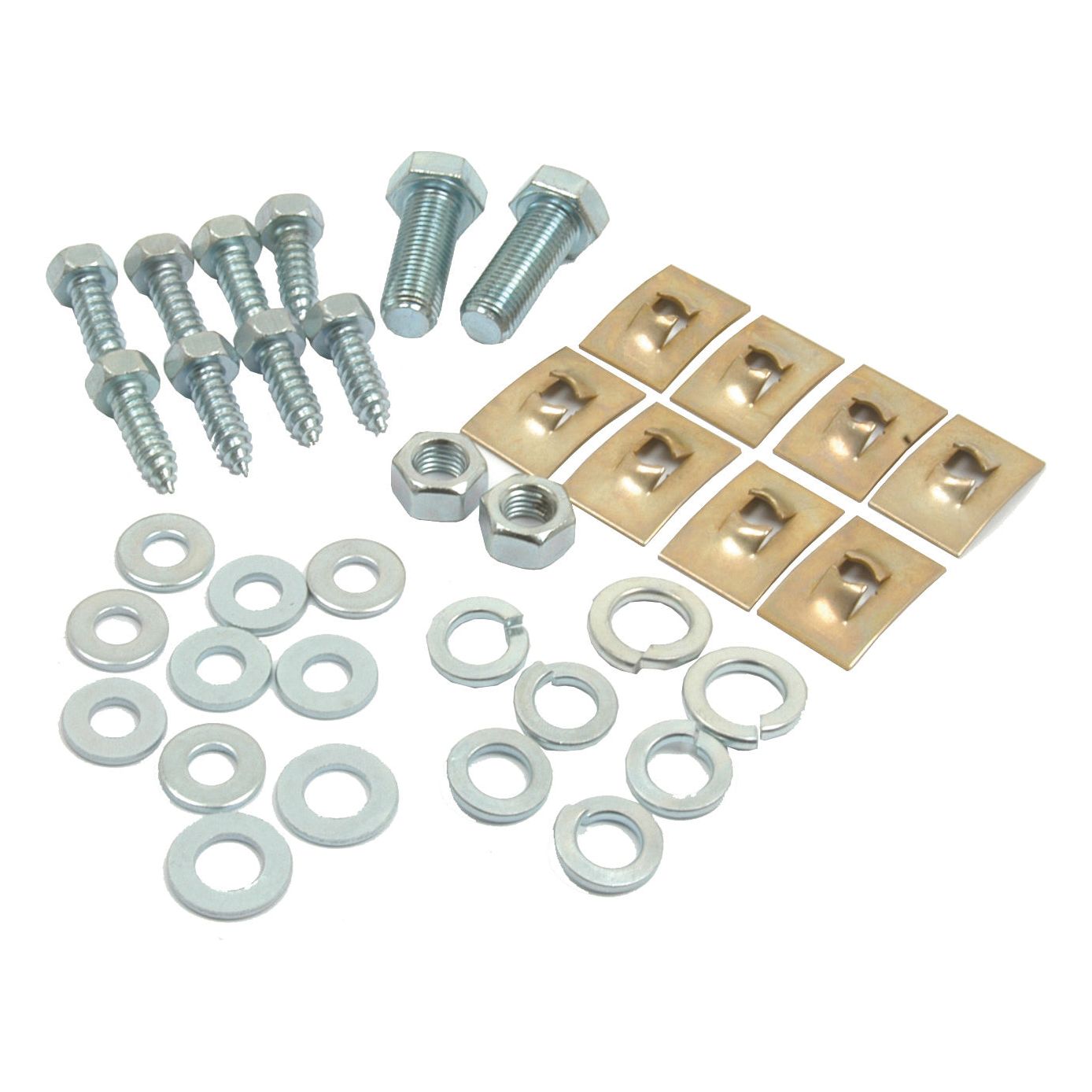 Assorted hardware components, including bolts, nuts, washers, and metallic plates, arranged on a white background as part of the Bonnet Fastener Kit (Sparex Part No. S.43241) by Sparex, suitable for Massey Ferguson 35.