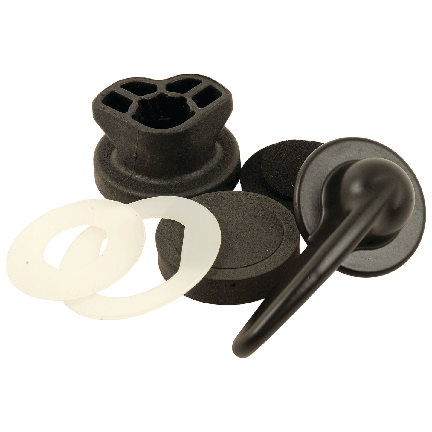 The Bonnet Fastener Kit (Sparex Part No. S.43950) by Sparex includes black rubber bar rail spindles, grommets, and gaskets with accompanying washers. These components are similar to those used in a Massey Ferguson bonnet fastener kit and are typically employed for securing bar rails and ensuring leak-proof connections in various plumbing applications.