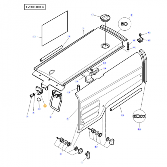 A detailed exploded view diagram of a car door, showcasing individual numbered parts and components for assembly, akin to the precision found in the AGCO Massey Ferguson Bonnet Latch, product number 72161441.