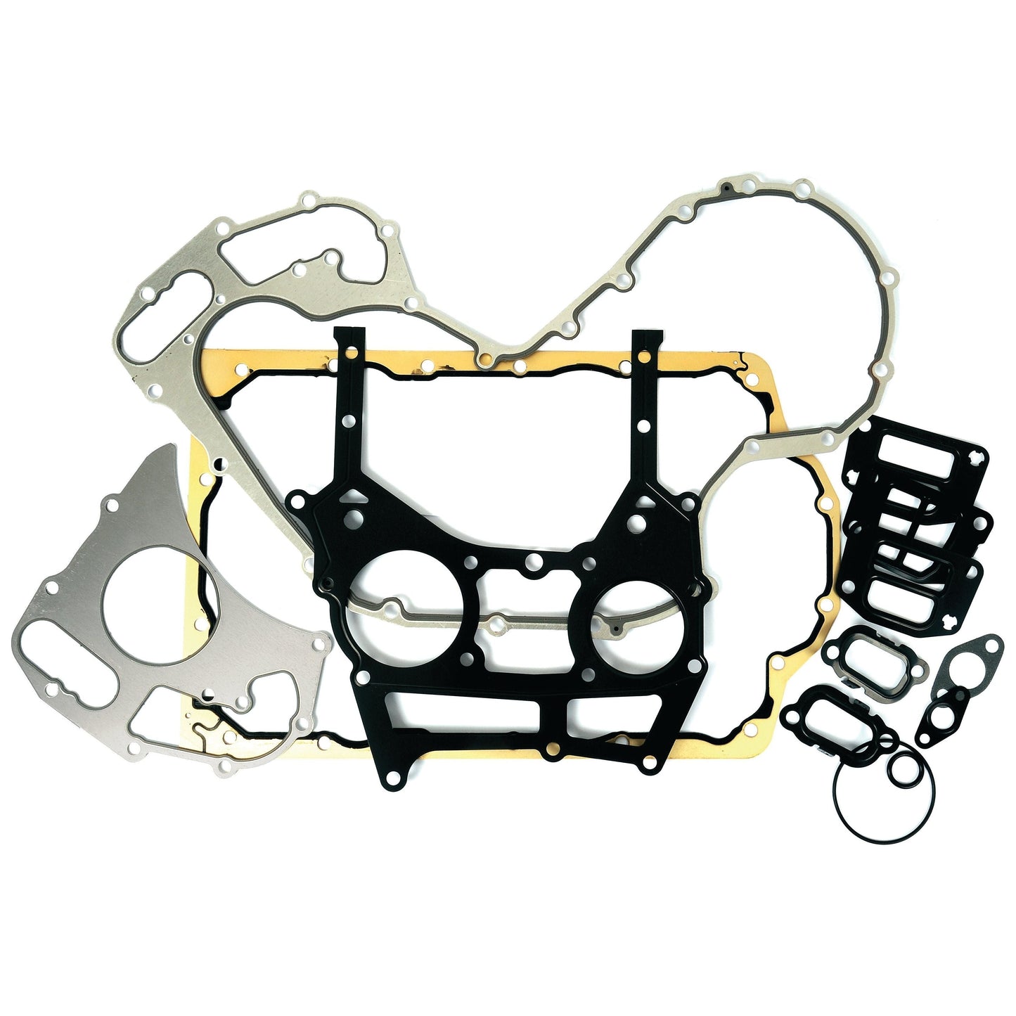 An assortment of engine gaskets and seals, including the Bottom Gasket Set - 3 Cyl. (Sparex Part No.S.43916) by Sparex, laid out on a white background with various shapes and sizes for different engine parts.