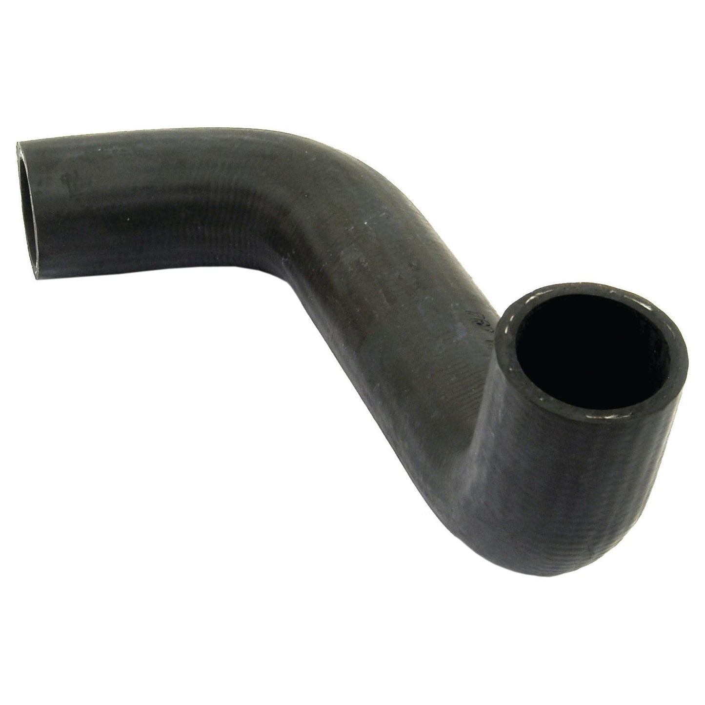 A black, curved rubber hose with two open ends, resembling those found on Massey Ferguson machinery, viewed on a plain white background. This is the Sparex Bottom Hose (Sparex Part No. S.40030) with an inner diameter of 38mm on both the smaller and bigger ends.