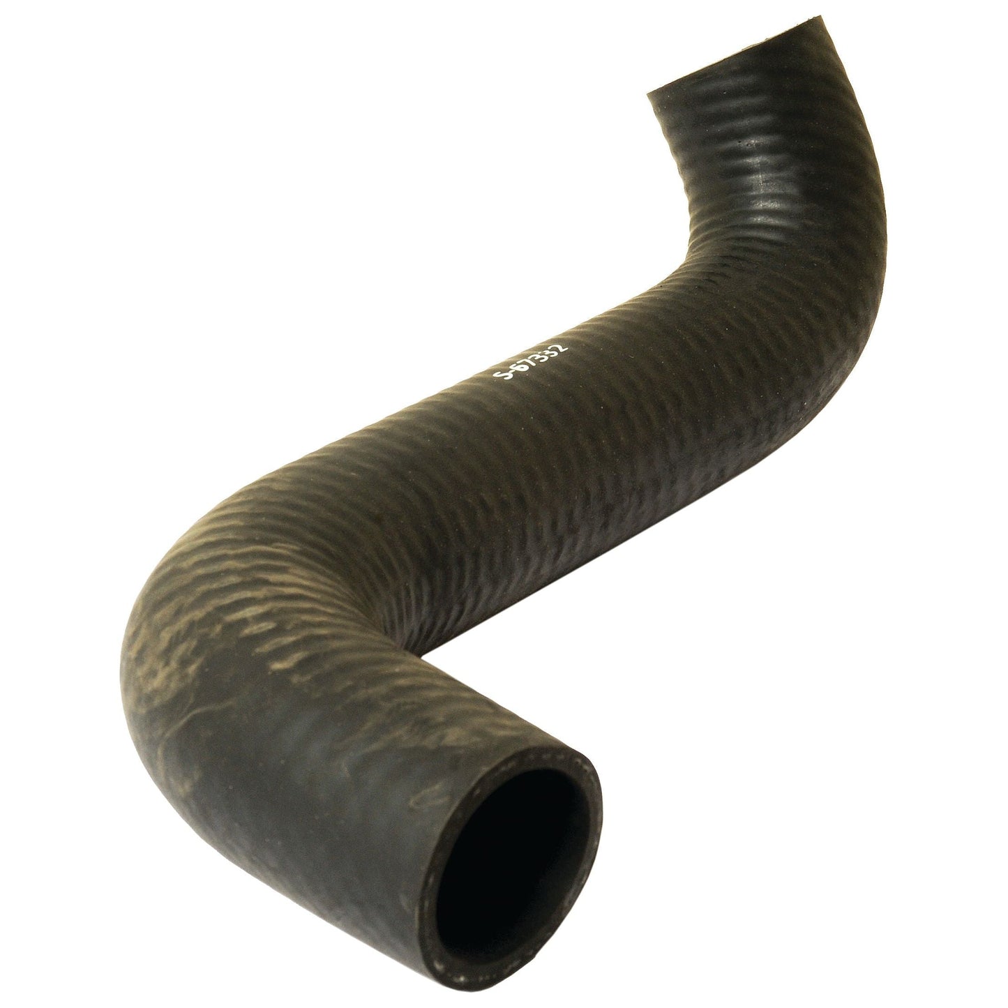 A black, curved Sparex Bottom Hose (Sparex Part No. S.67332) with a ribbed texture and an open end, having an inner diameter of 40mm at the smaller end and 41mm at the larger end, isolated on a white background and secured with a sturdy hose clip.