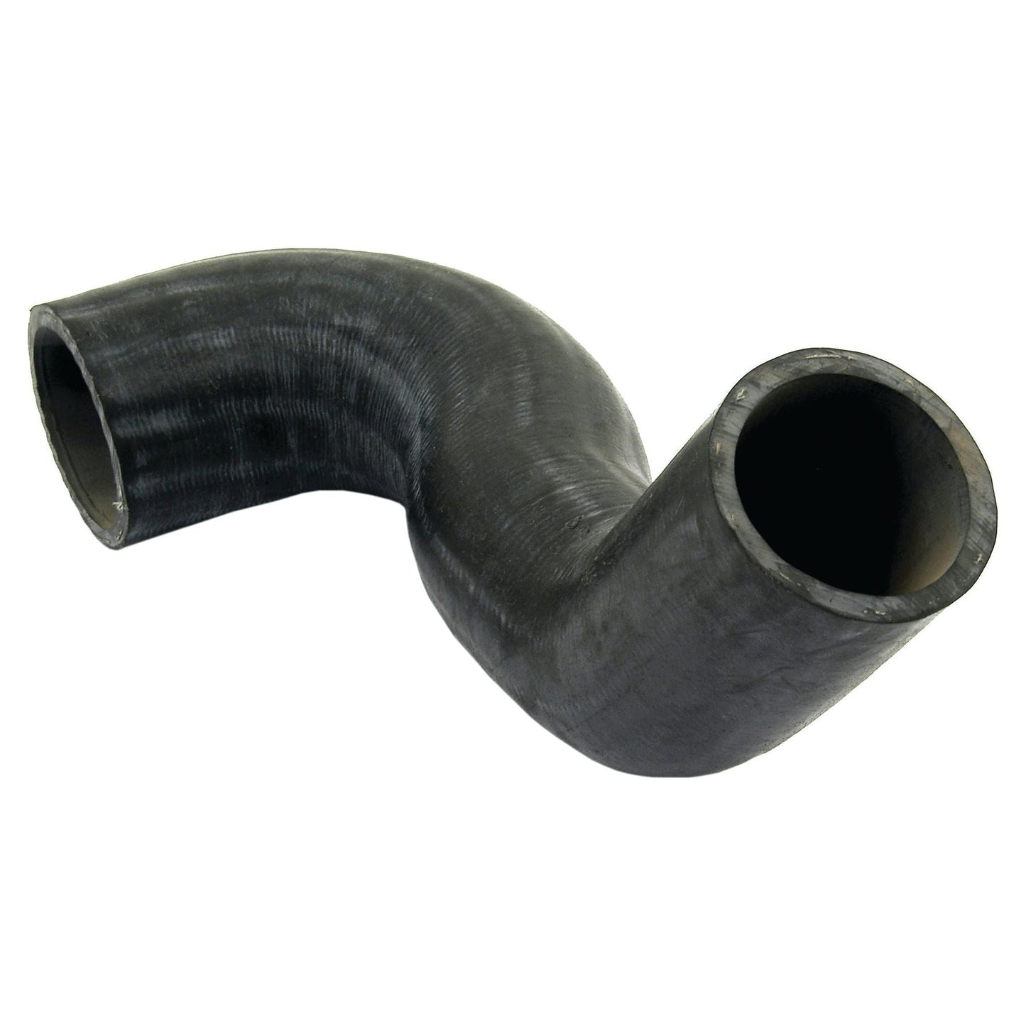 The Sparex Bottom Hose, part number S.41836, is a black rubber hose with a curved shape and two open ends, designed specifically for Massey Ferguson tractors. It features an inner diameter of 49.2mm at the smaller end and 56.7mm at the larger end.