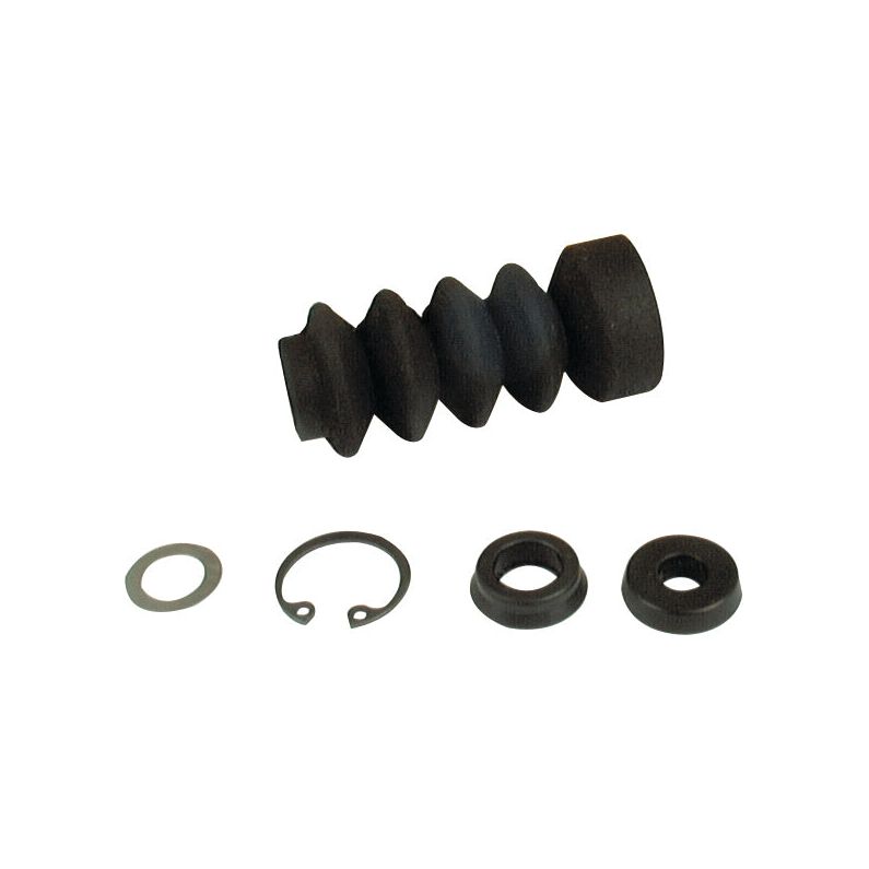 The Sparex Brake Cylinder Repair Kit (Part No. S.73197) for Massey Ferguson includes a black rubber accordion-style boot along with four small metal and rubber components: a flat washer, circlip, and two other round parts.