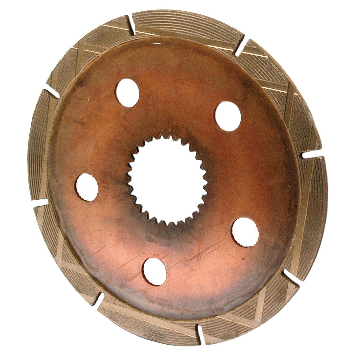 Close-up of a circular metal disc with gear-like teeth in the center, several holes around the middle, and grooves on the outer surface. The Brake Friction Disc from Sparex (model S.40837) features a spline ID 55mm and sintered lining material, making it compatible with Massey Ferguson equipment. Outer diameter is 224mm.
