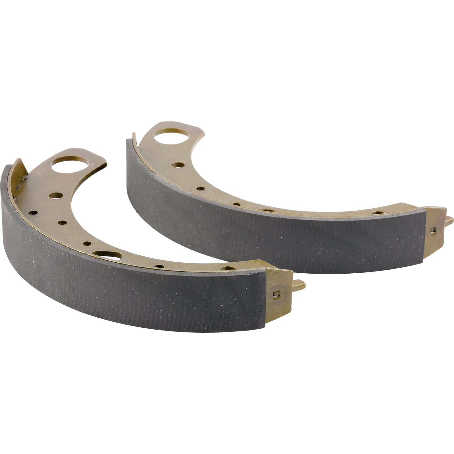 The semi-circular Brake Shoe (Pair) from Sparex (Part No. S.130048), which is compatible with Ford New Holland models, comes with friction material and features holes and edges for easy attachment to the brake assembly.