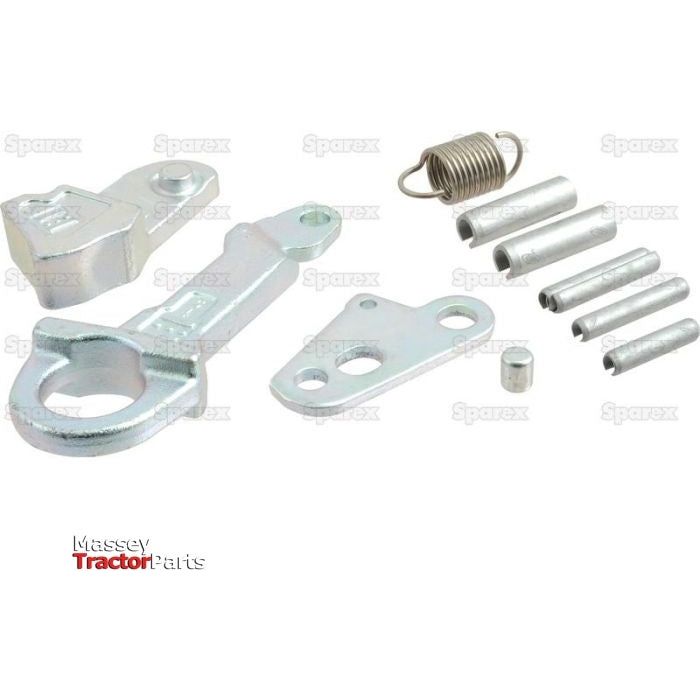 A set of metal tractor parts, including spring pins, brackets, a spring, and cylindrical components, is laid out on a white background with the Sparex Lower Link Hook Repair Kit (Cat. 2) | Sparex Part No.S.128844 prominently displayed and the Massey Ferguson logo in the bottom left corner.