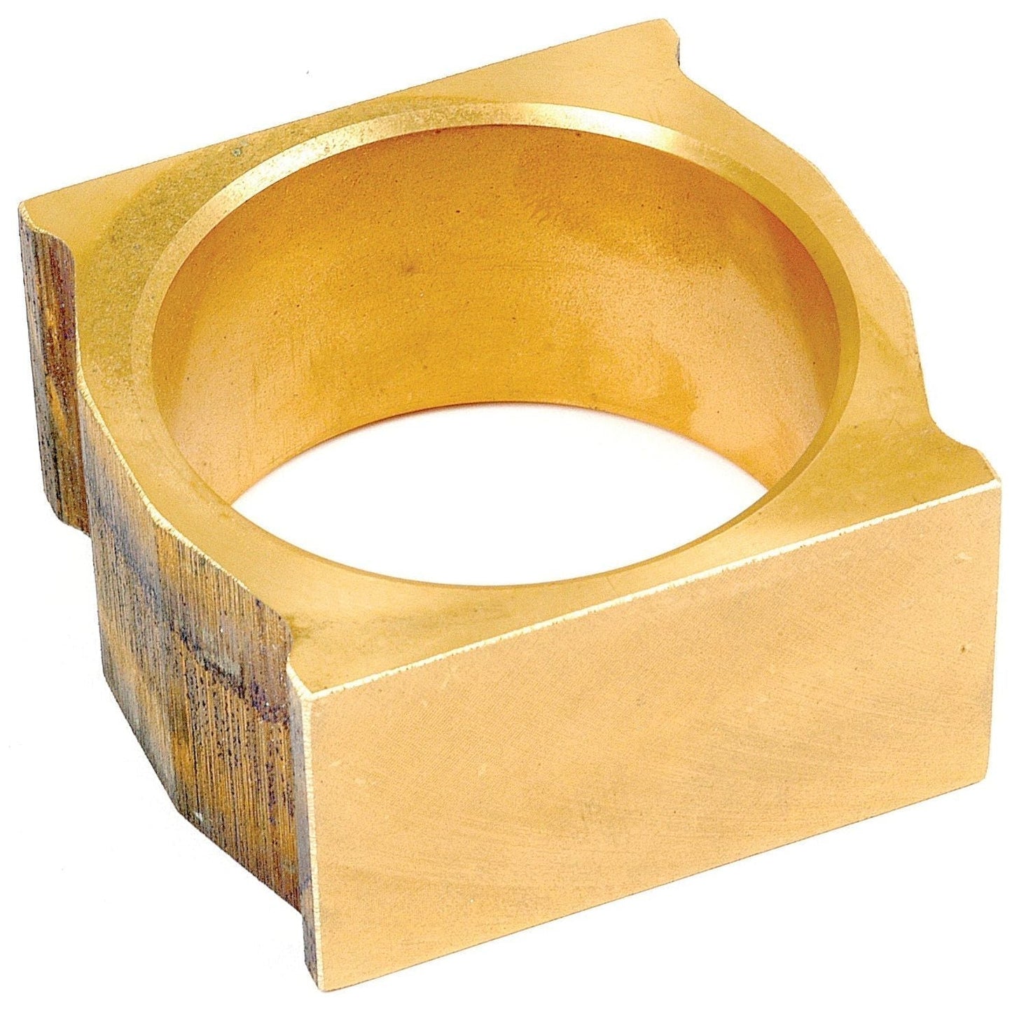 A brass, square-shaped napkin ring with a circular opening is showcased on a white background, echoing the precision and quality associated with Sparex craftsmanship, as exemplified by the Cam Block | Sparex Part No. S.40858.